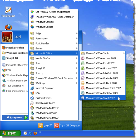 Start Programs Windows Xp